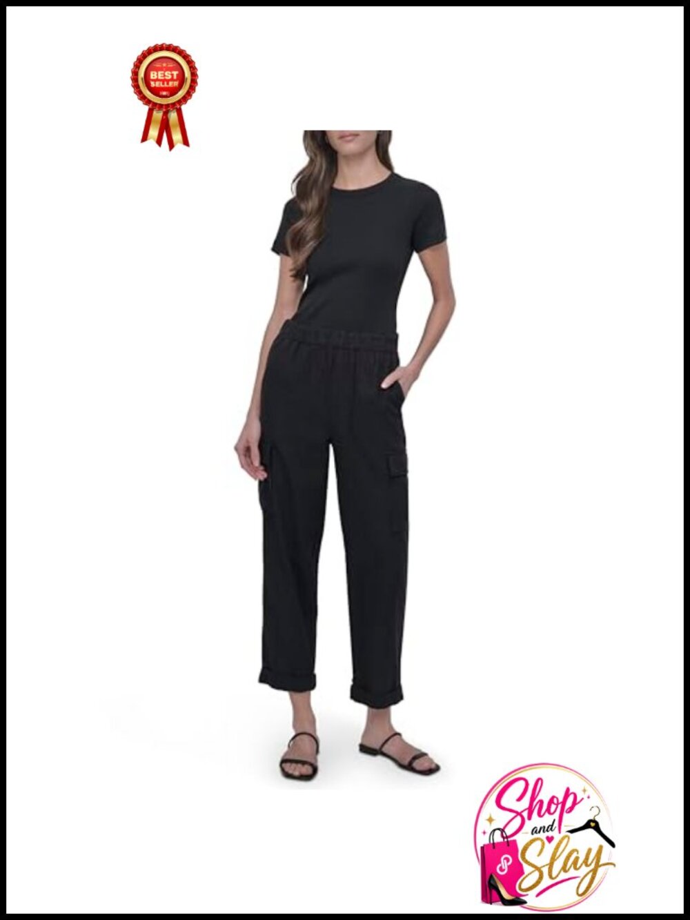Mid Rise Relaxed Cargo Pants Elasticated Waistband Wide Leg Pull On